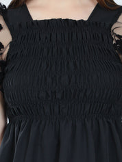 Flock Print Tulle Sleeves Smocking Top