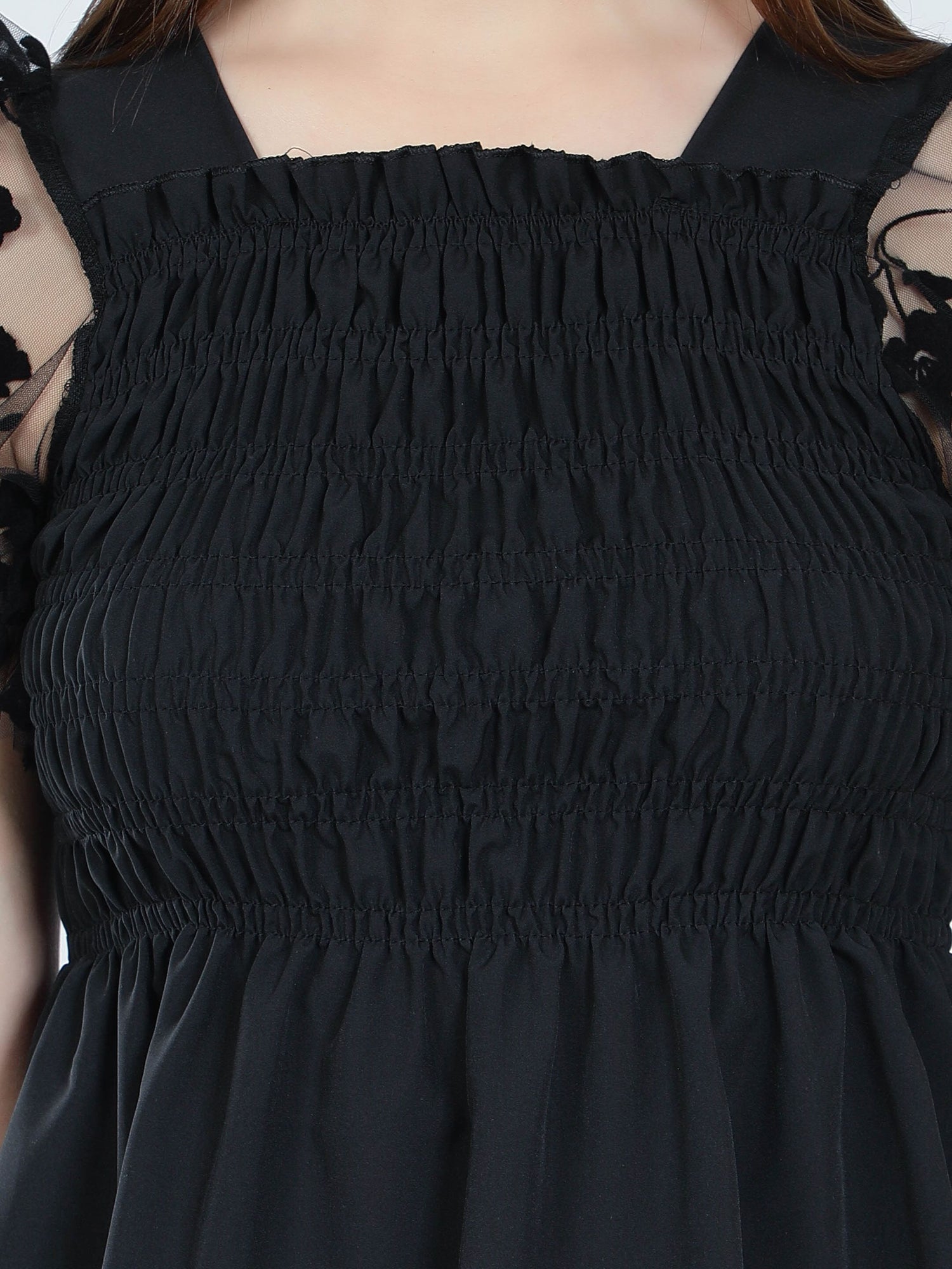 Flock Print Tulle Sleeves Smocking Top
