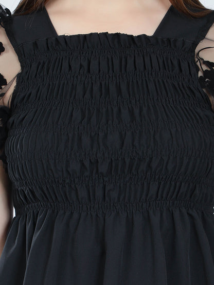 Flock Print Tulle Sleeves Smocking Top