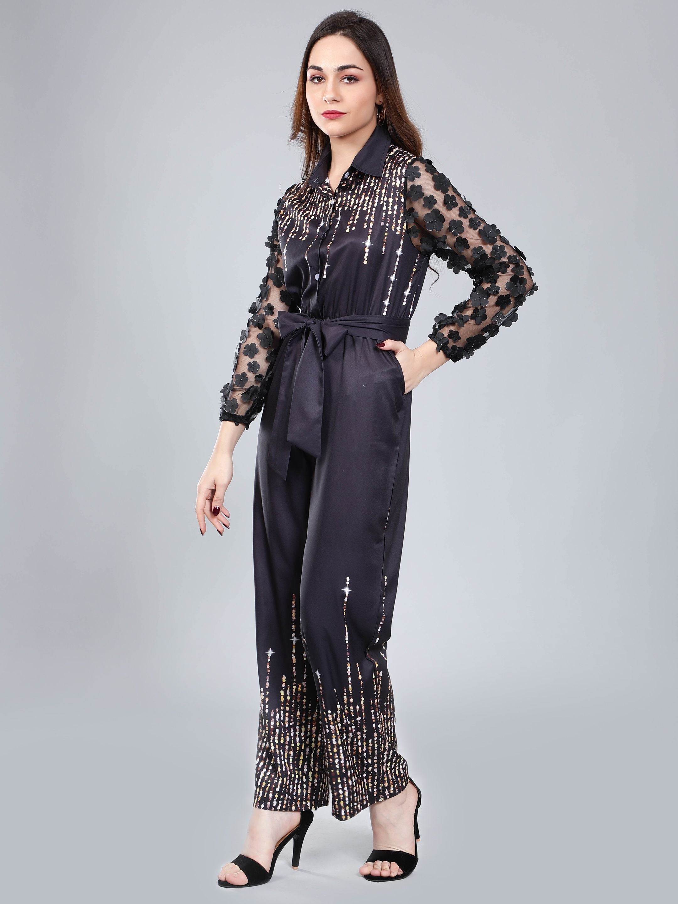 Tulle Sleeves Printed Jumpsuit