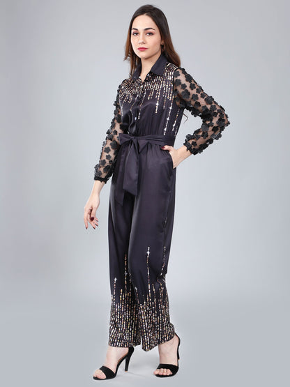 Tulle Sleeves Printed Jumpsuit