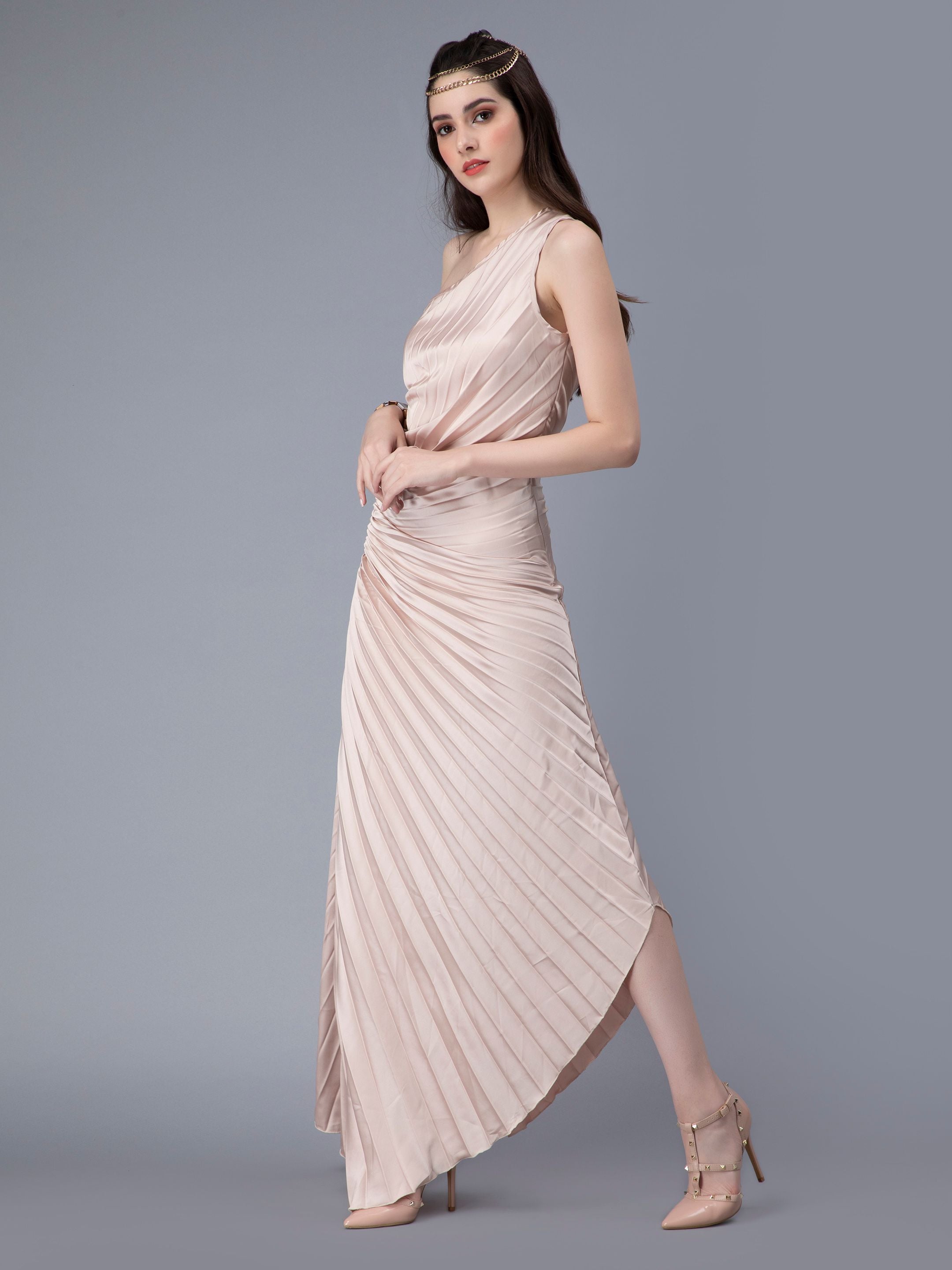 Fan Pleats One-Shoulder Dress
