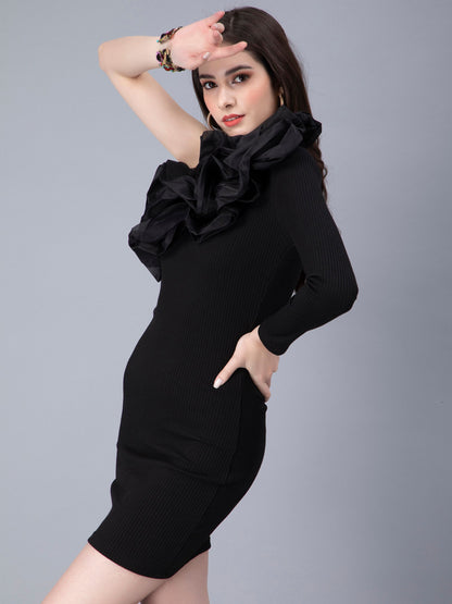 One Shoulder Ruffle Rib Knit Dress