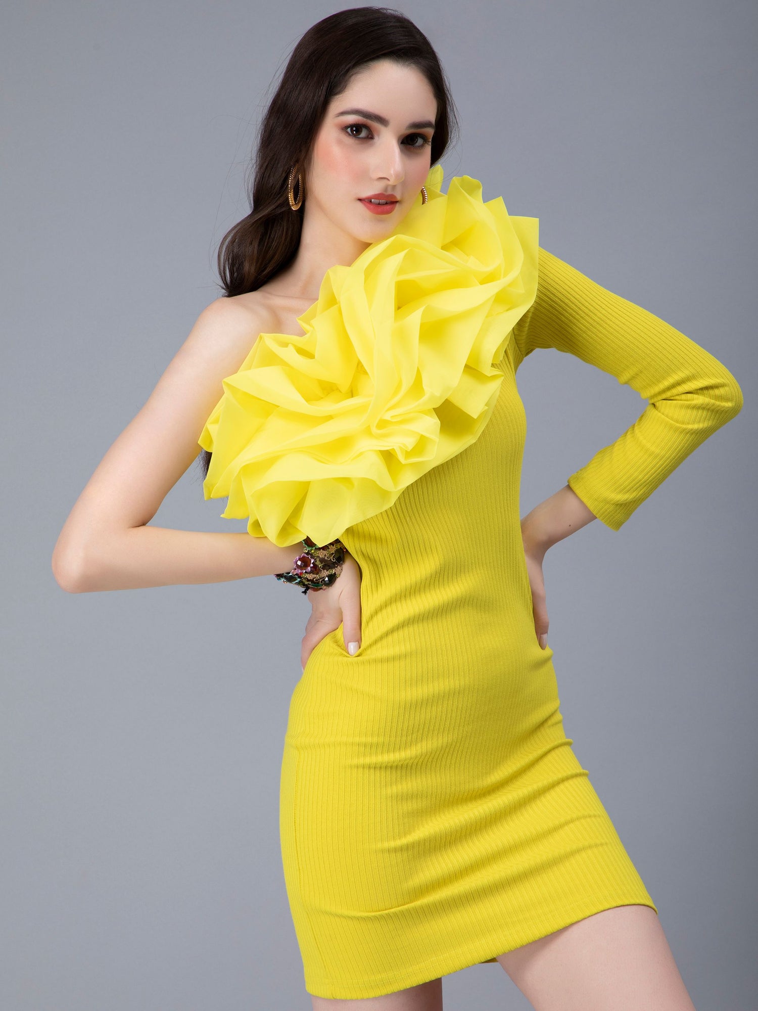 One Shoulder Ruffle Rib Knit Dress