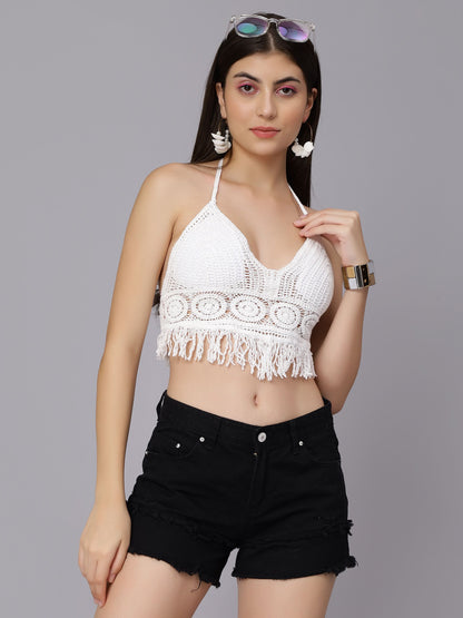 Sexy Fringe Hem Crochet Halter Top