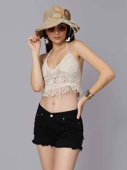 Sexy Fringe Hem Crochet Halter Top