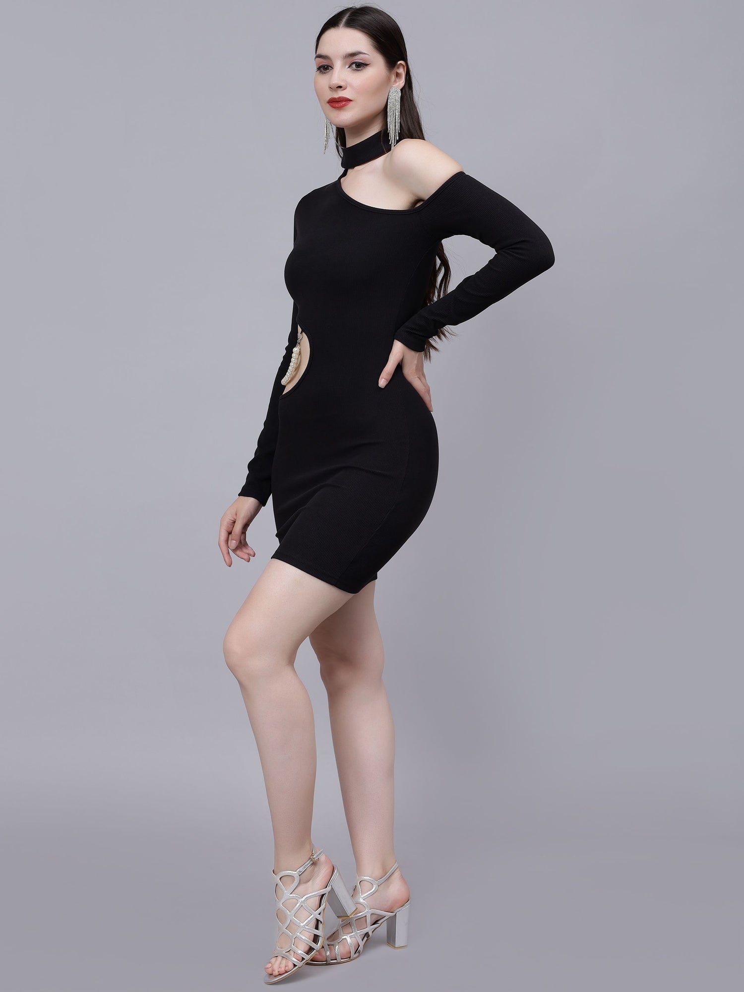 Pearl Detail Asymmetric Neck Cutout Dress