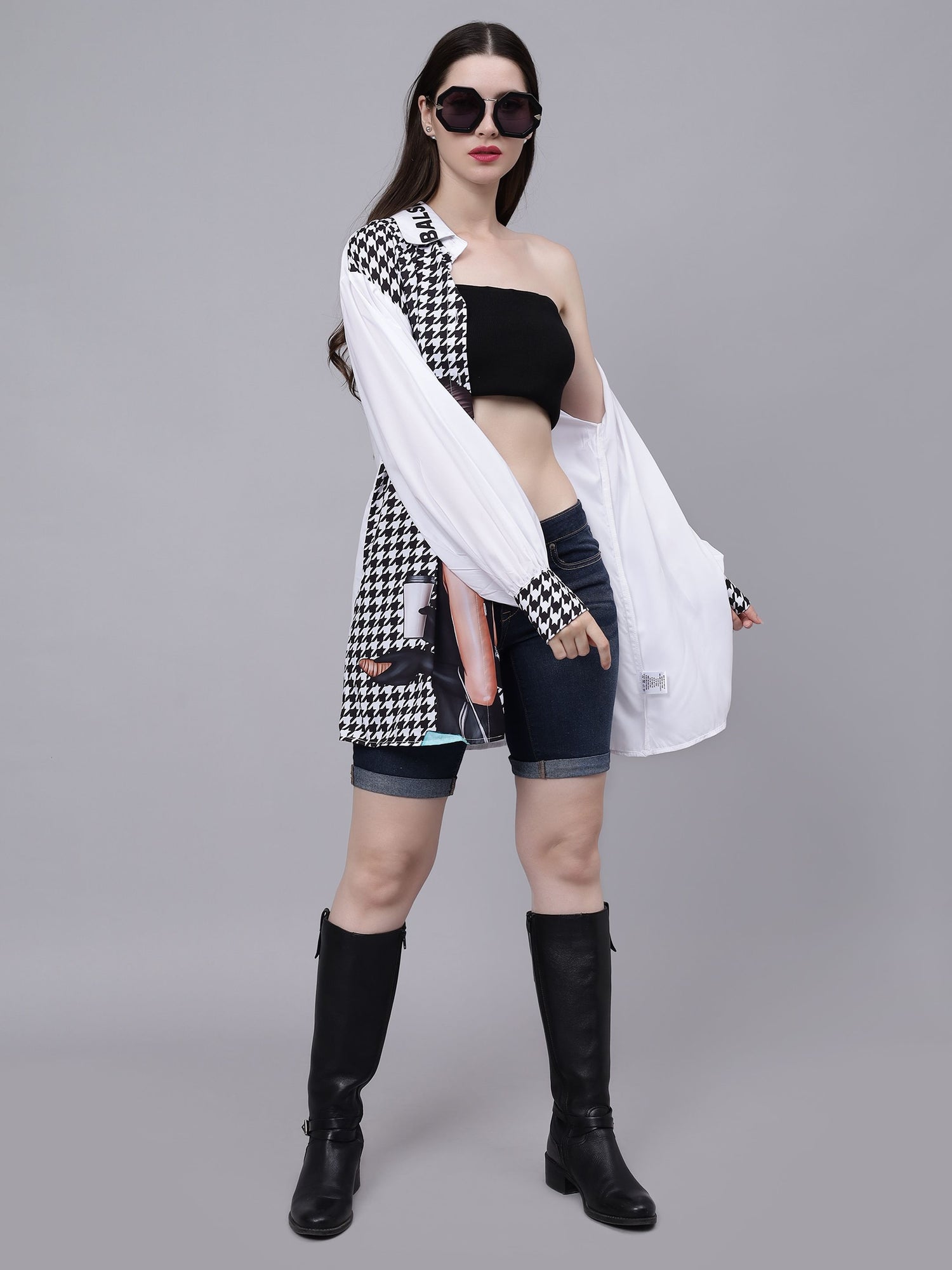Houndstooth Pattern Oversized Shirt