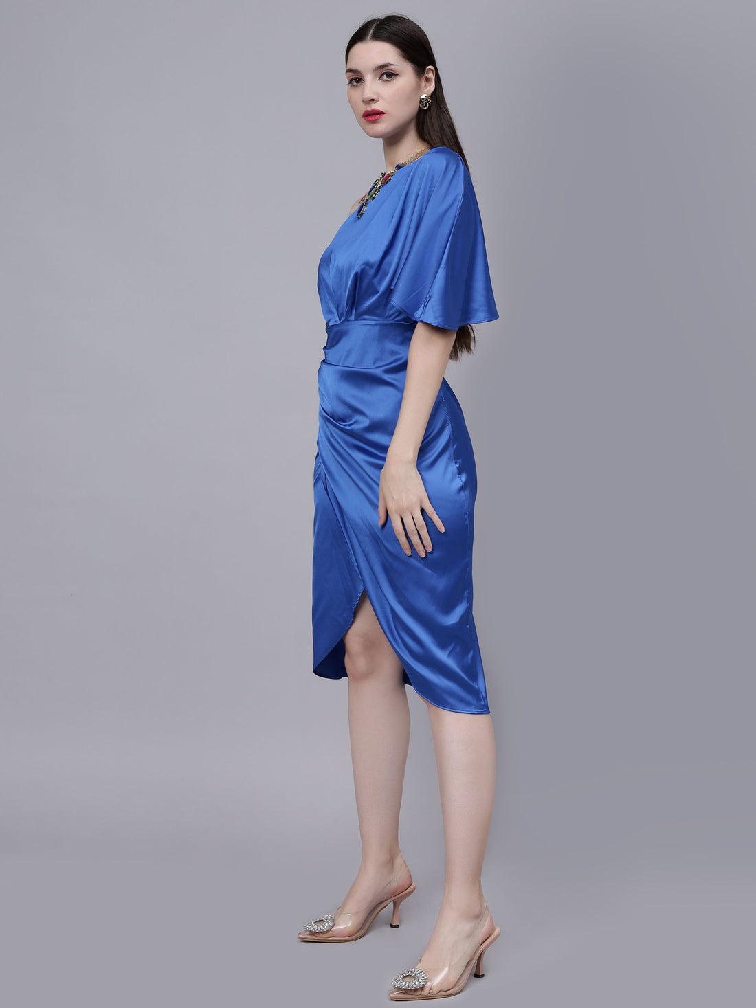 Off Shoulder Satin Midi Dress