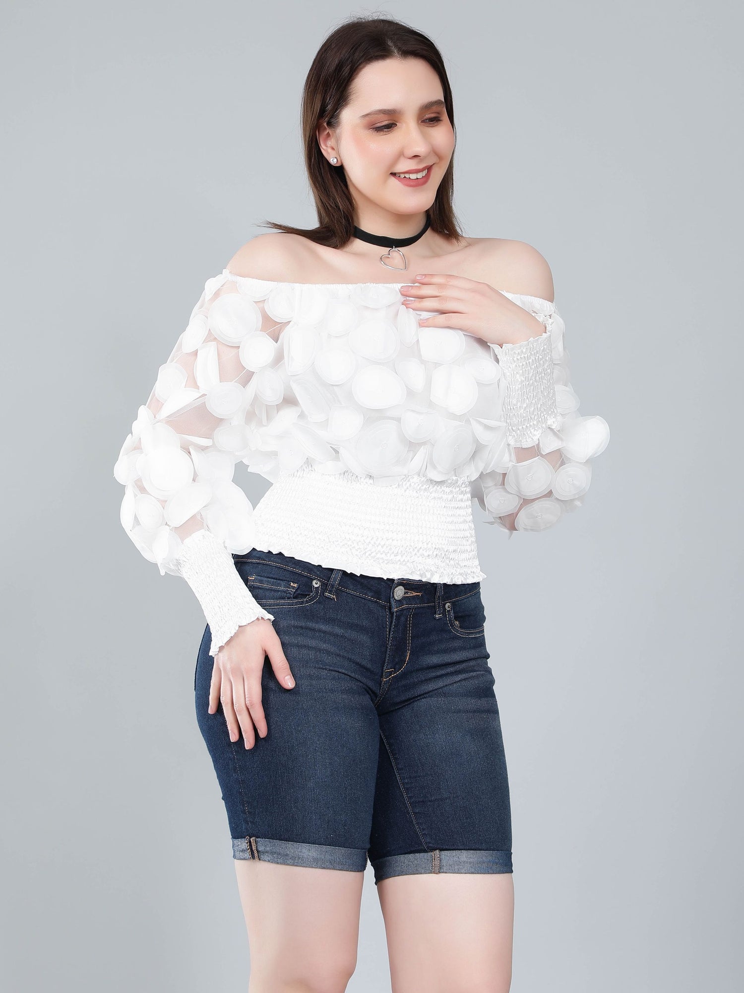 Lantern Sleeve Mesh Ruched Blouse