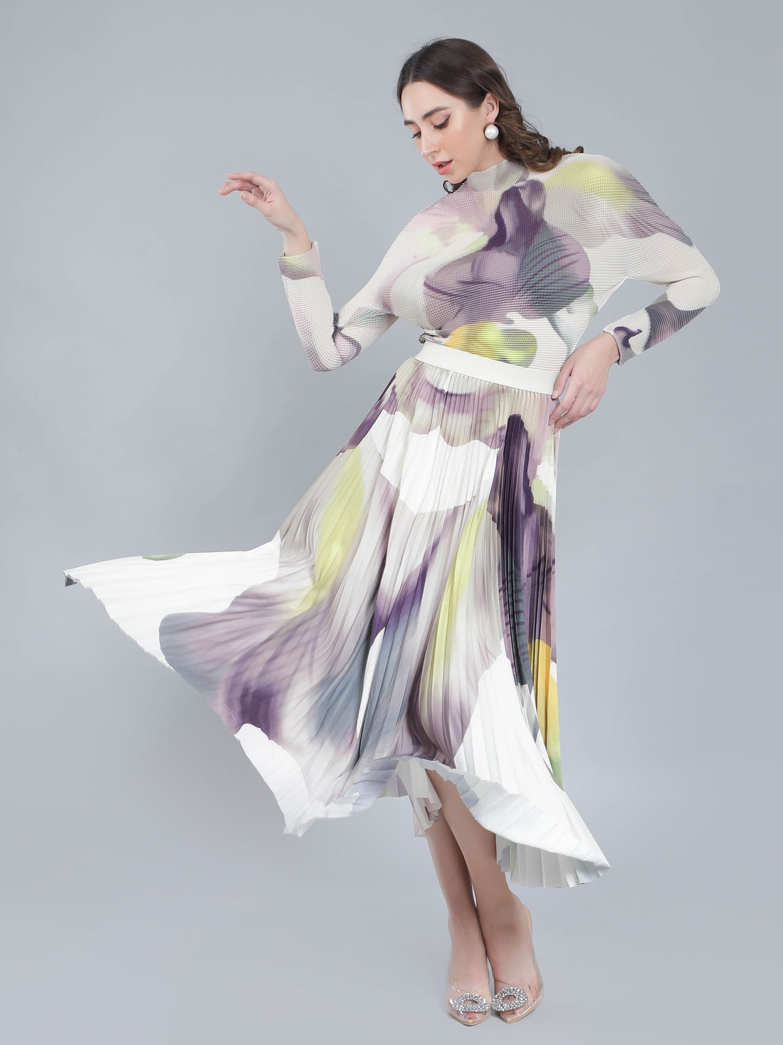 Chromatic Printed Pleated Two Piece Set