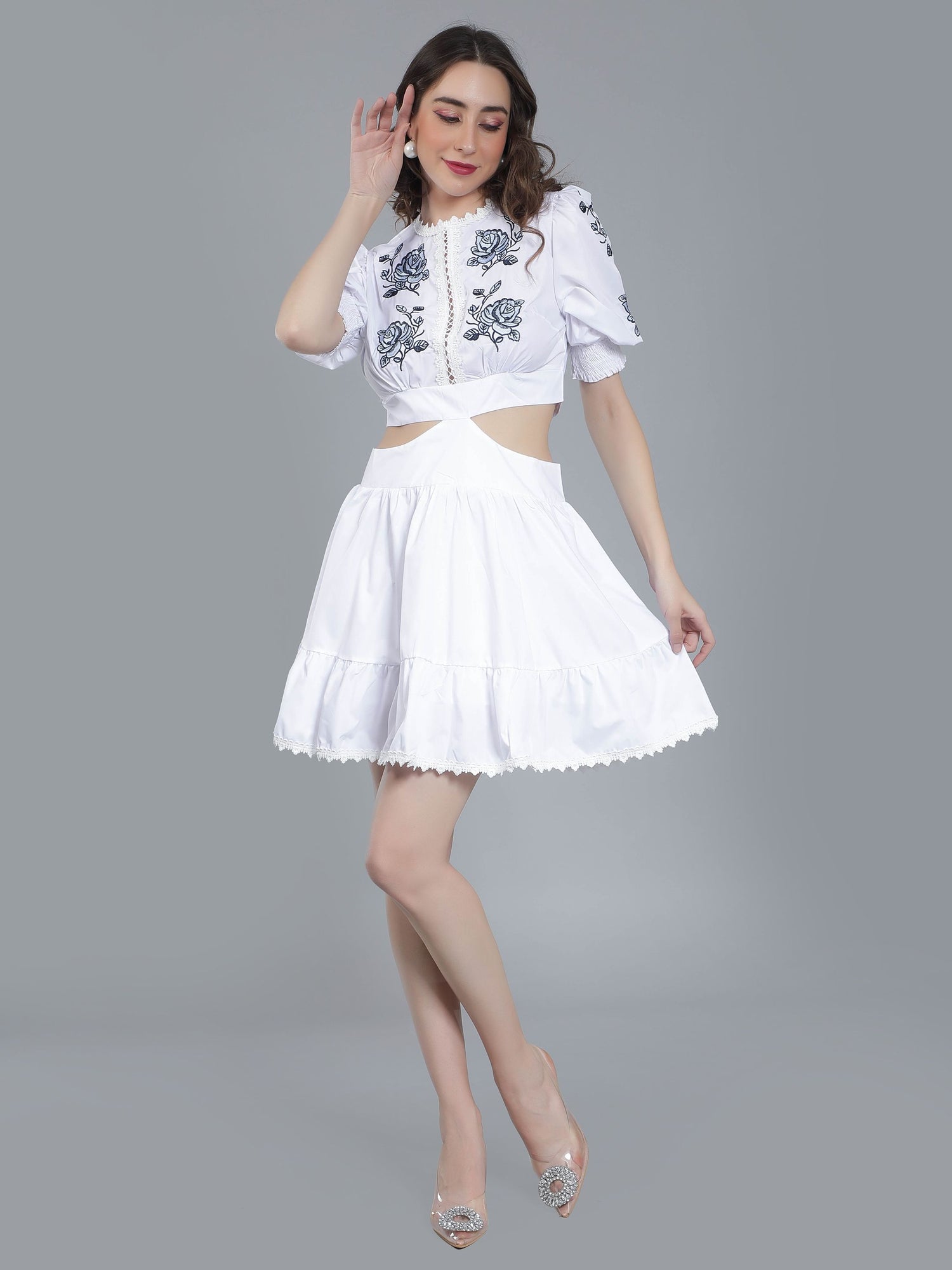 Flower Embroidery Waist Cut Out Dress