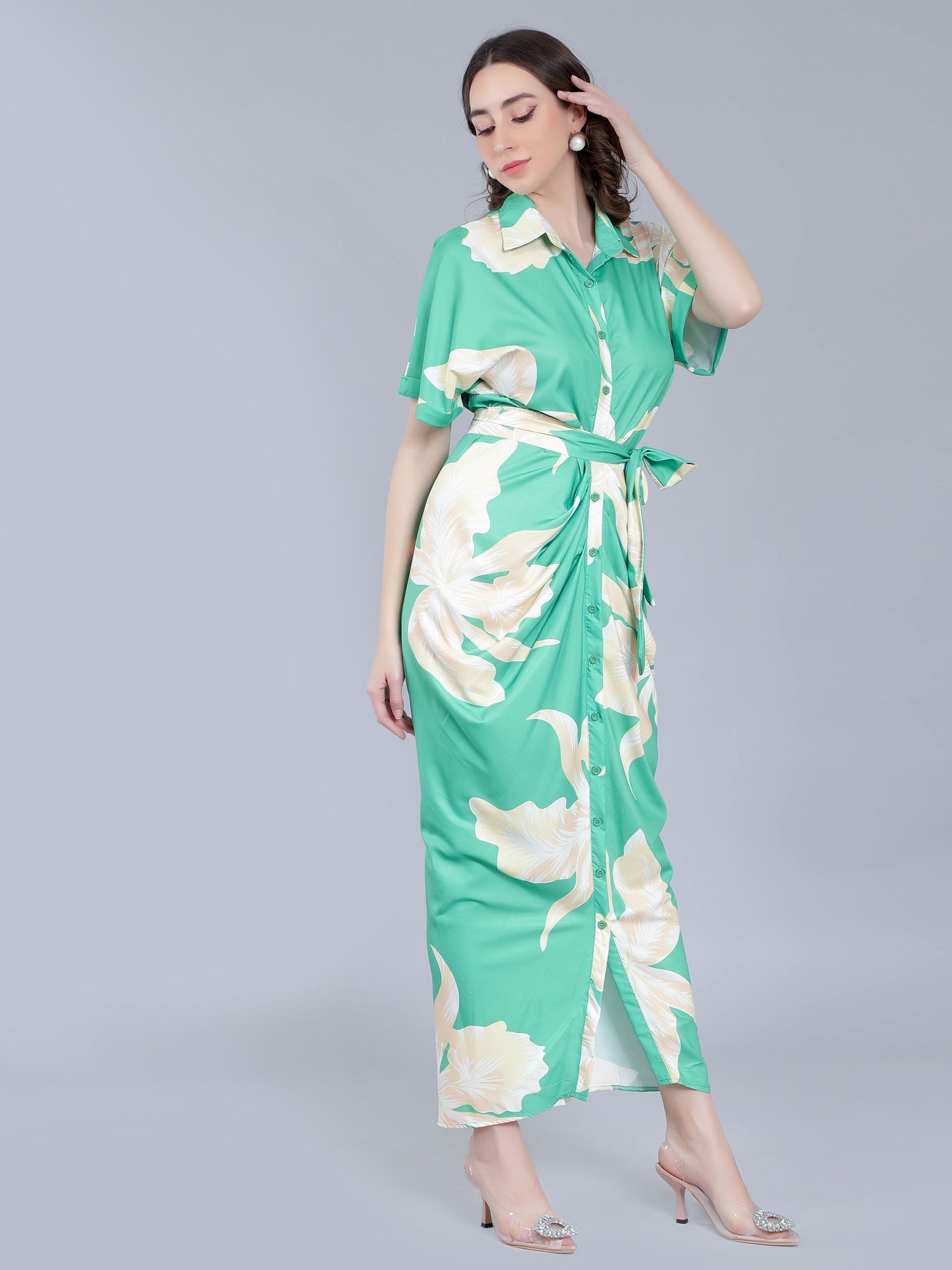Button Down Ruched Shirt Dress