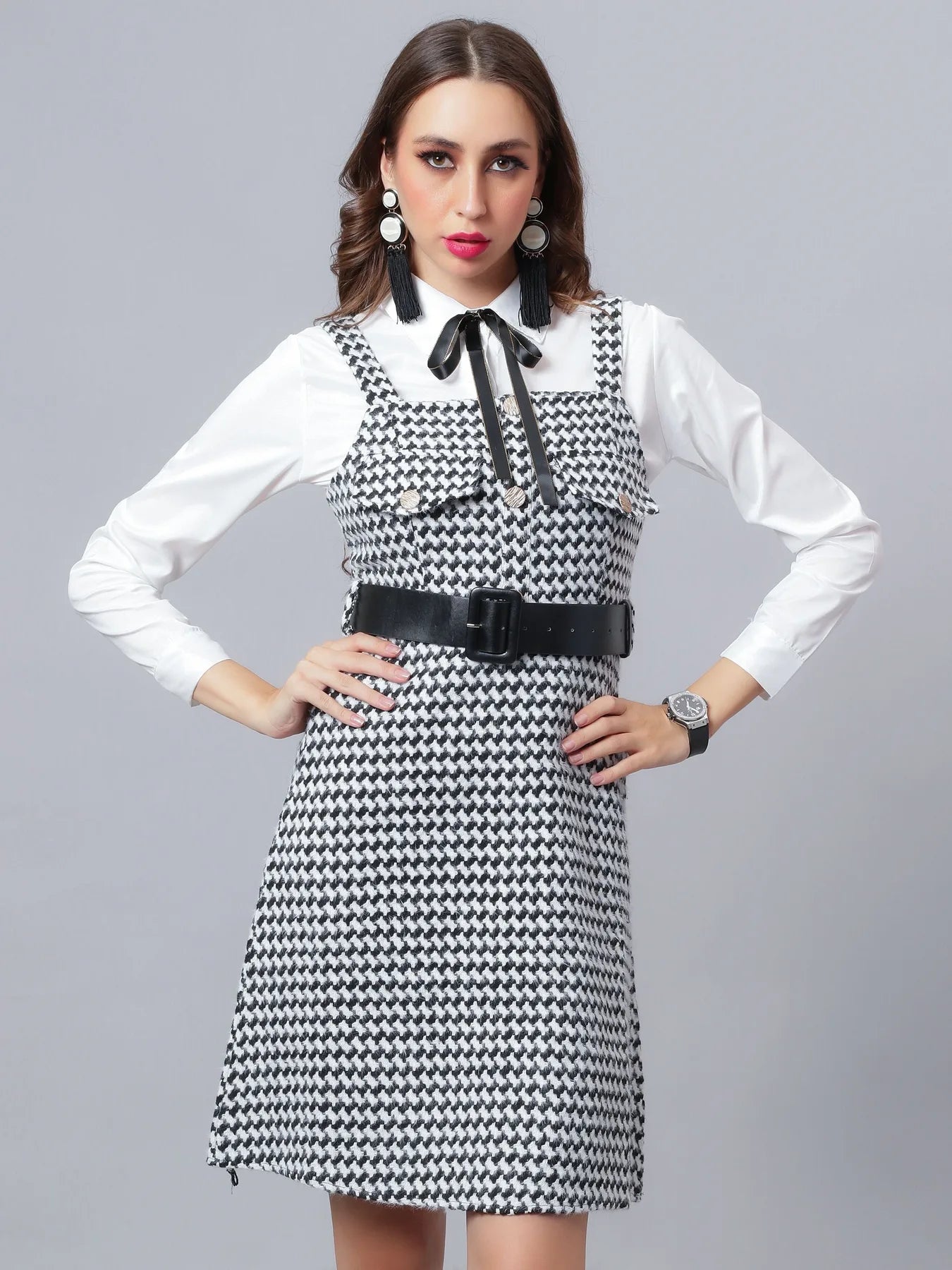 Houndstooth Tweed Suspender Dress &amp; Shirt Set