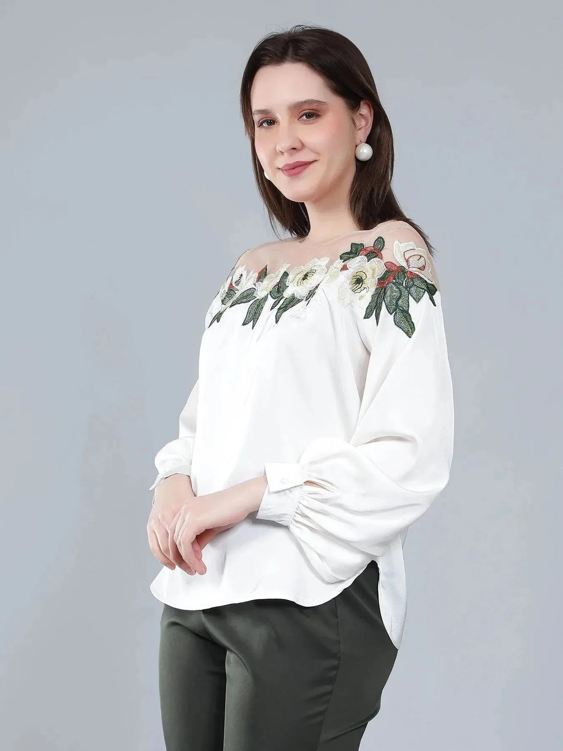 Flower Embroidery Satin Blouse