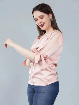 Pearl Knotted Slit Sleeve Blouse