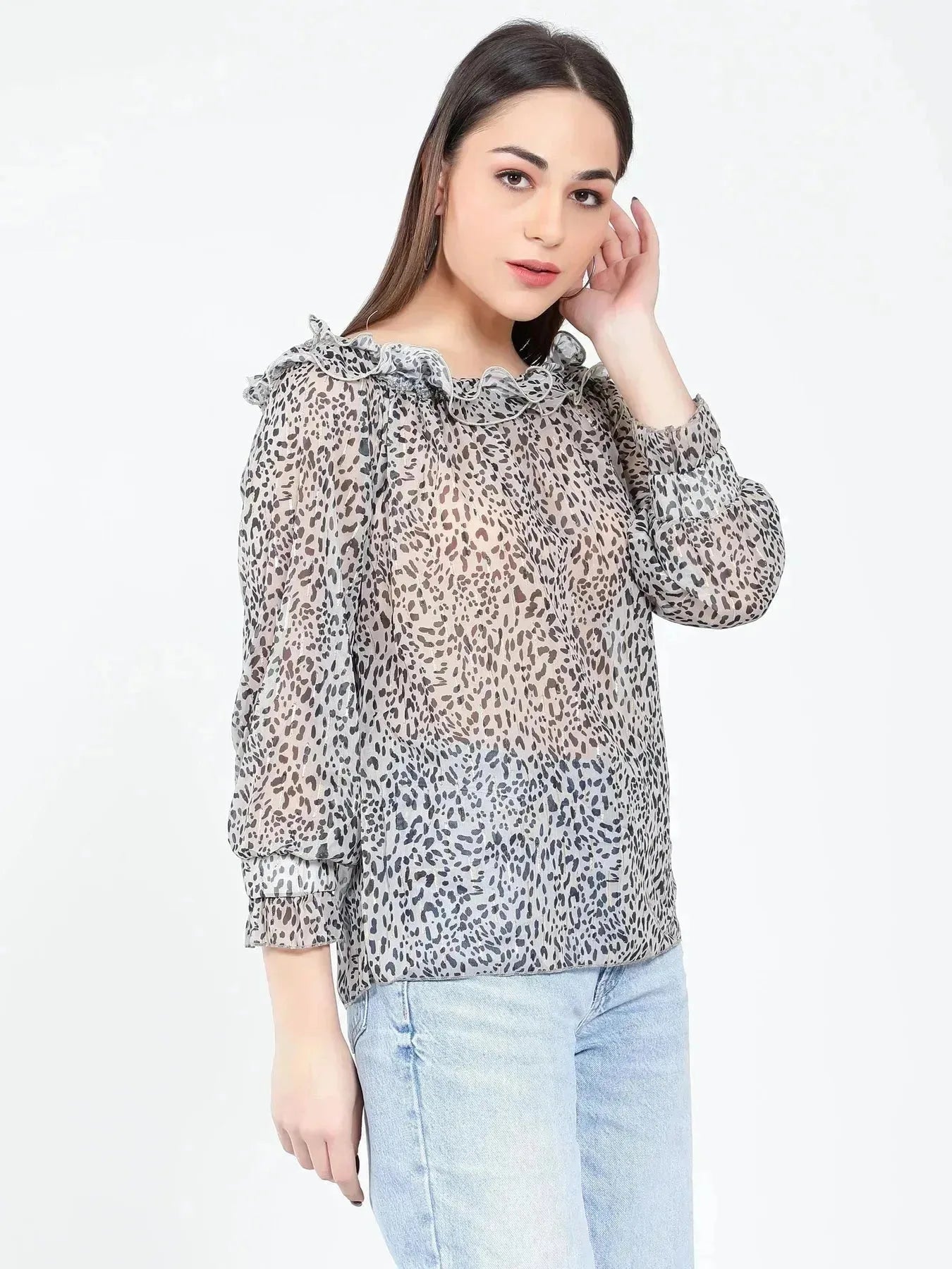 Neck ruffle Animal Print Blouse