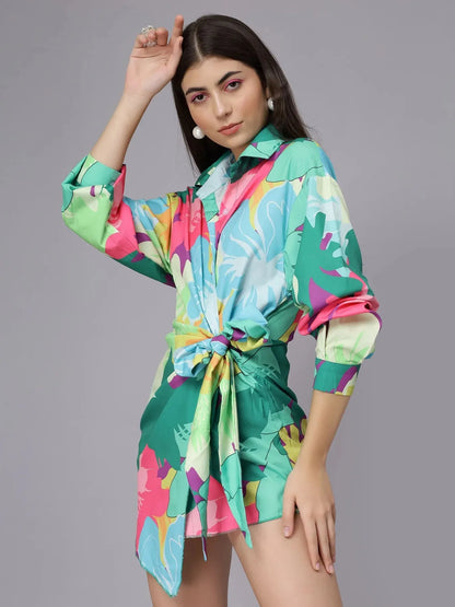 Floral Wrap Shirt Mini Dress