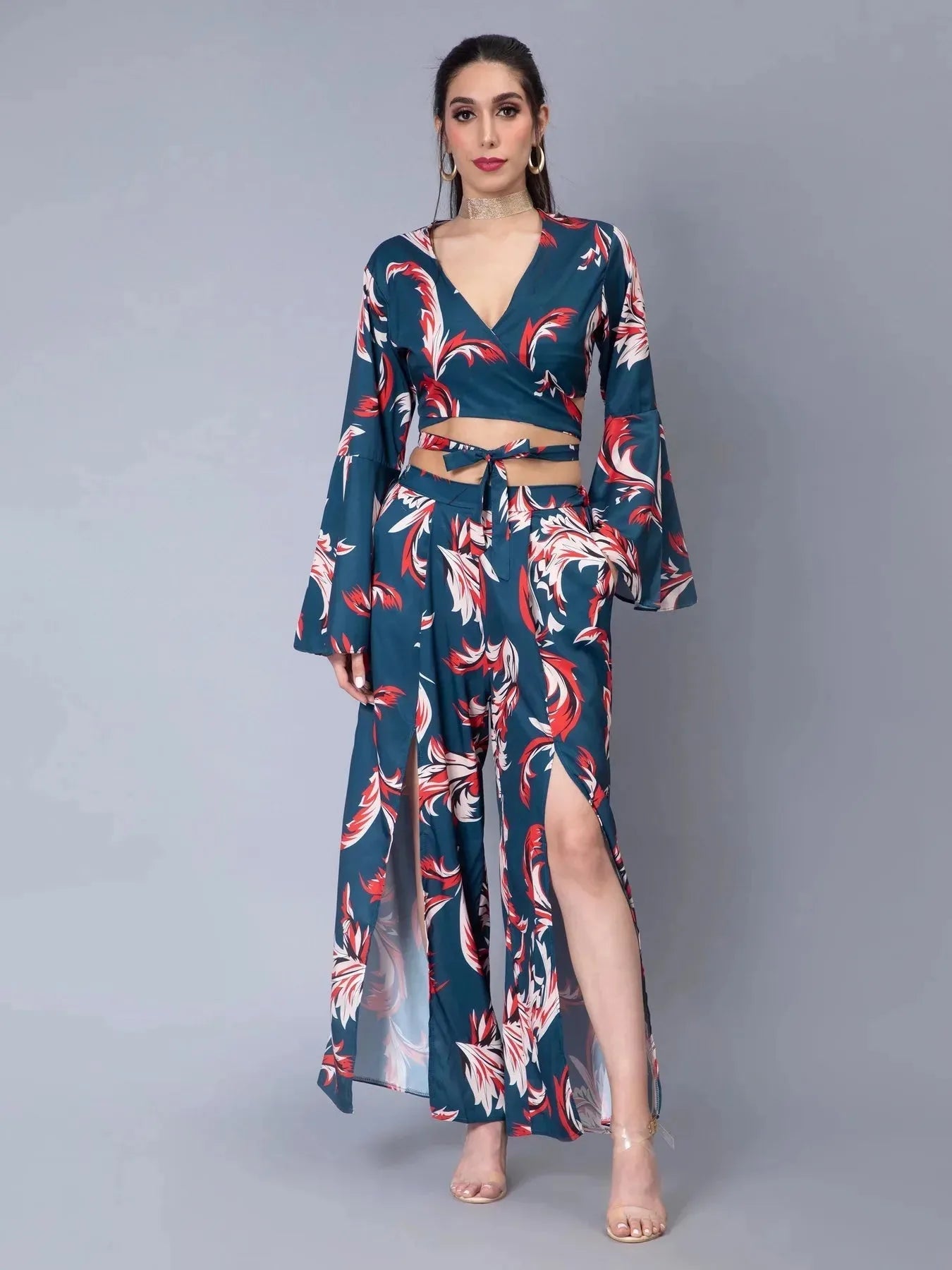 Tie Belt Wrap Top With Pants Set