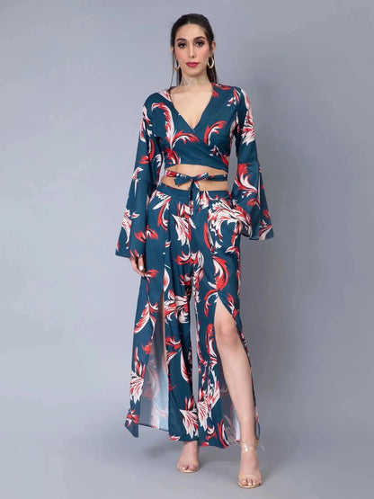 Tie Belt Wrap Top With Pants Set