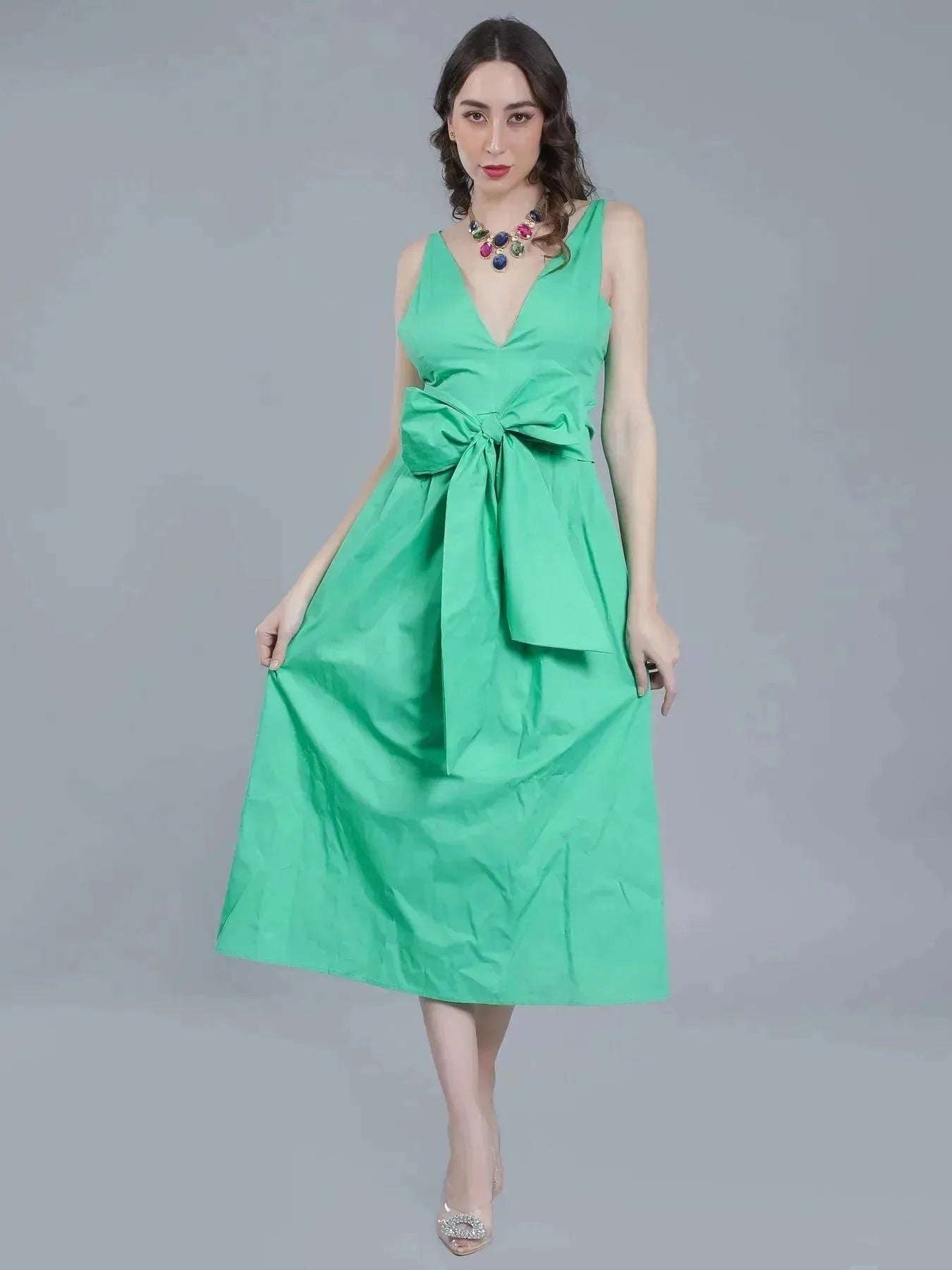 Deep V-Neck Cotton Dress