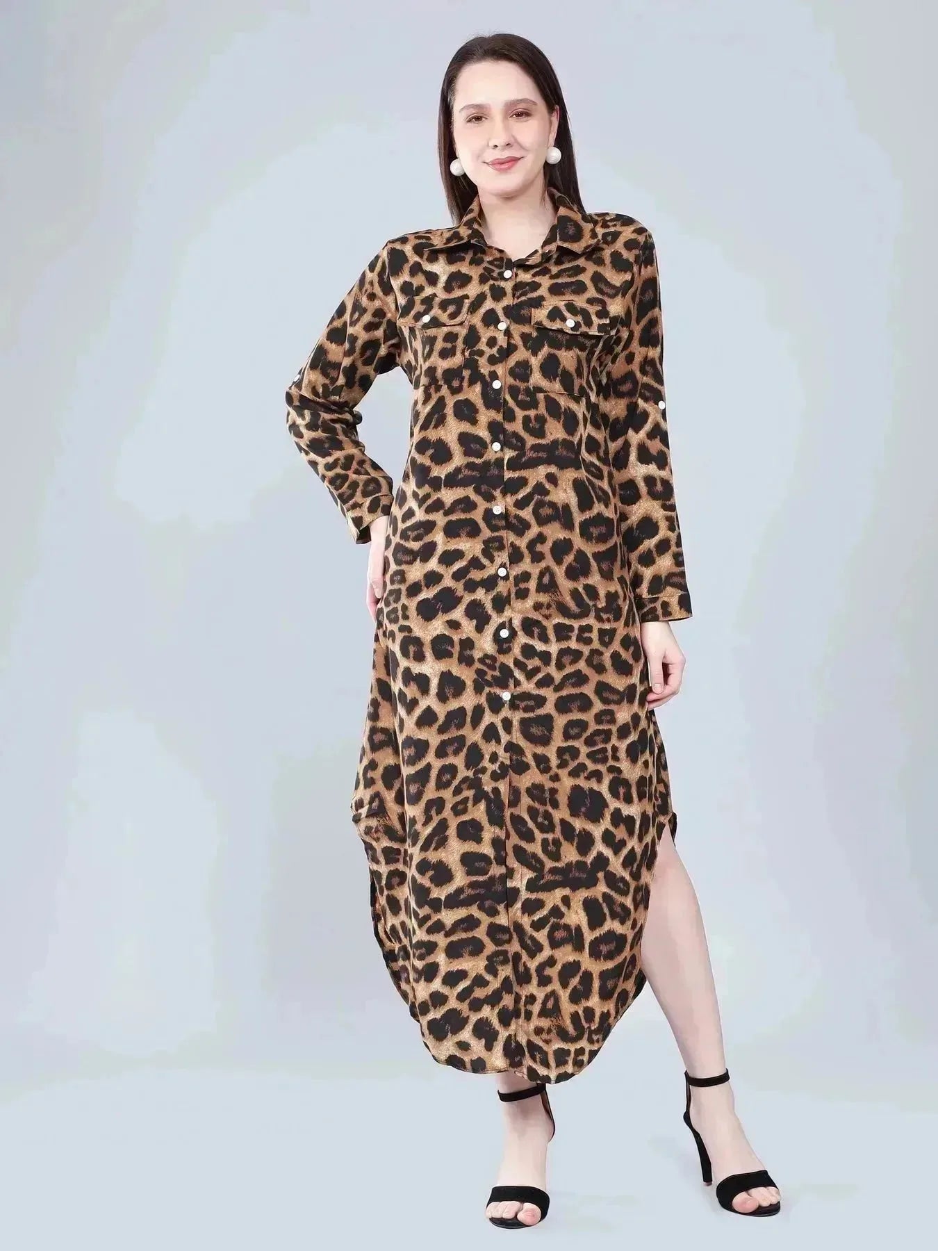 Leopard Print Long Shirt Dress