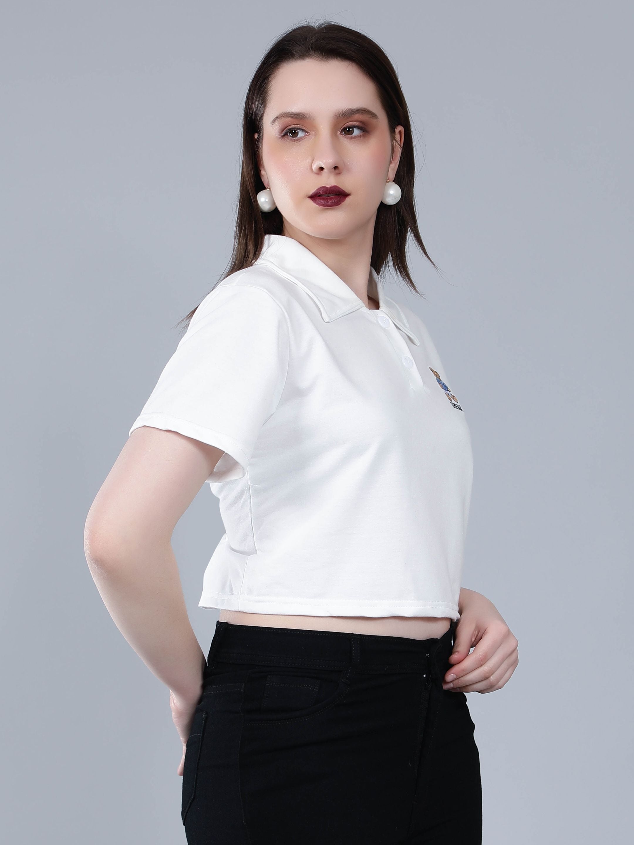 Bear Embroidered Cropped Polo Tee