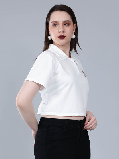 Bear Embroidered Cropped Polo Tee