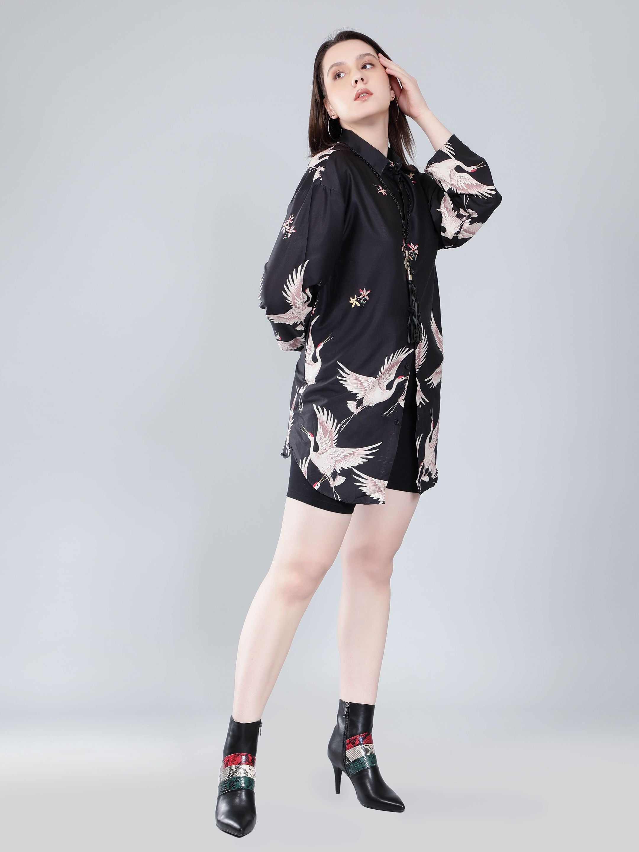 Crane Print Oversized Shirt