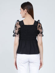 Flock Print Tulle Sleeves Smocking Top