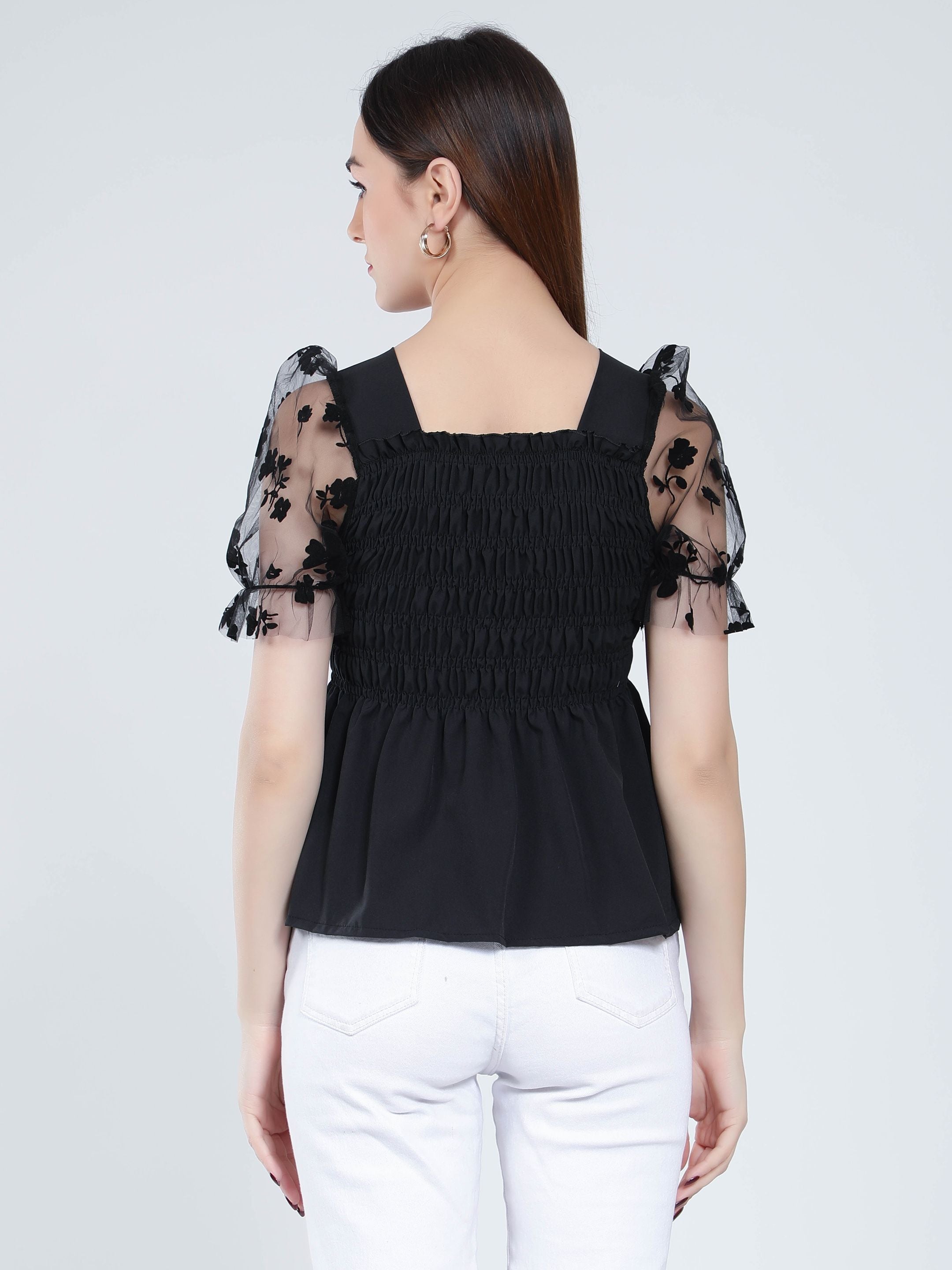 Flock Print Tulle Sleeves Smocking Top