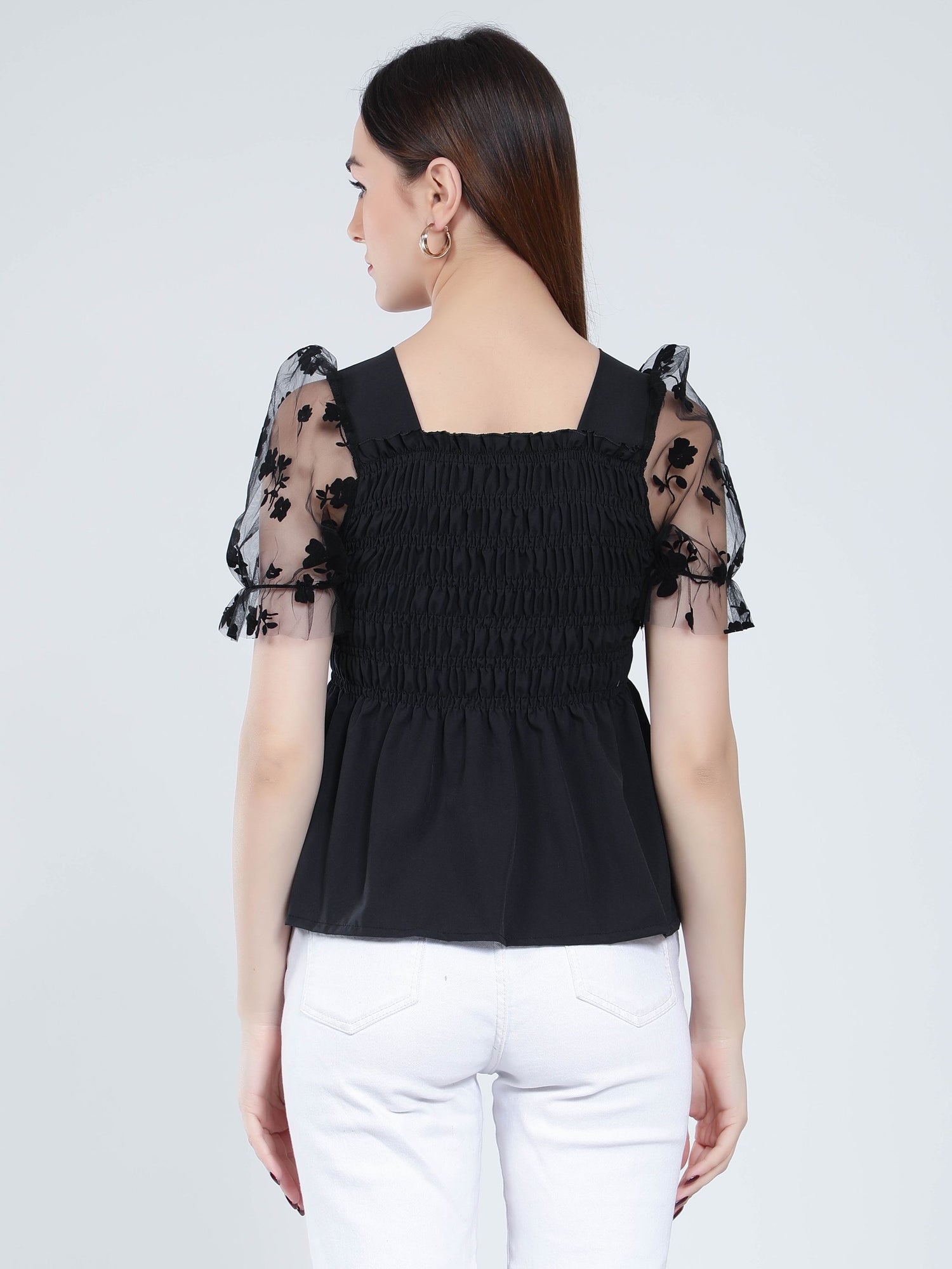 Flock Print Tulle Sleeves Smocking Top