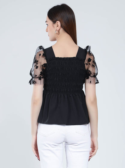 Flock Print Tulle Sleeves Smocking Top