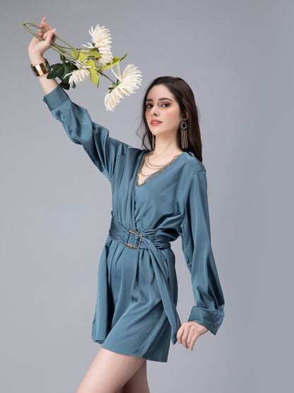 Front Overlap Flair Satin Playsuit