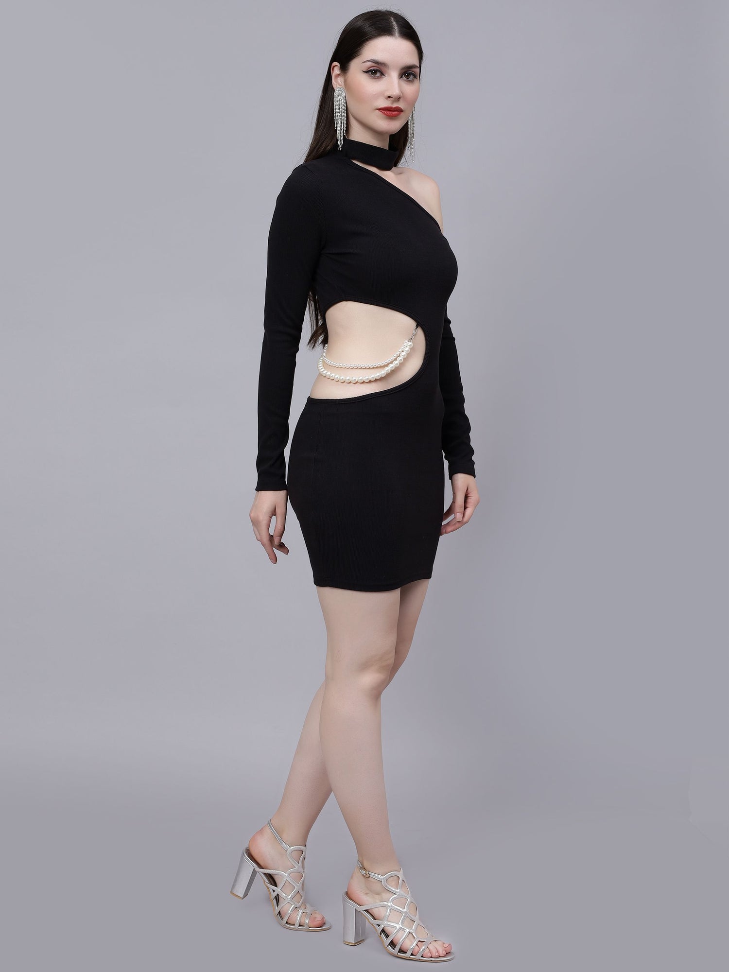 Pearl Detail Asymmetric Neck Cutout Dress