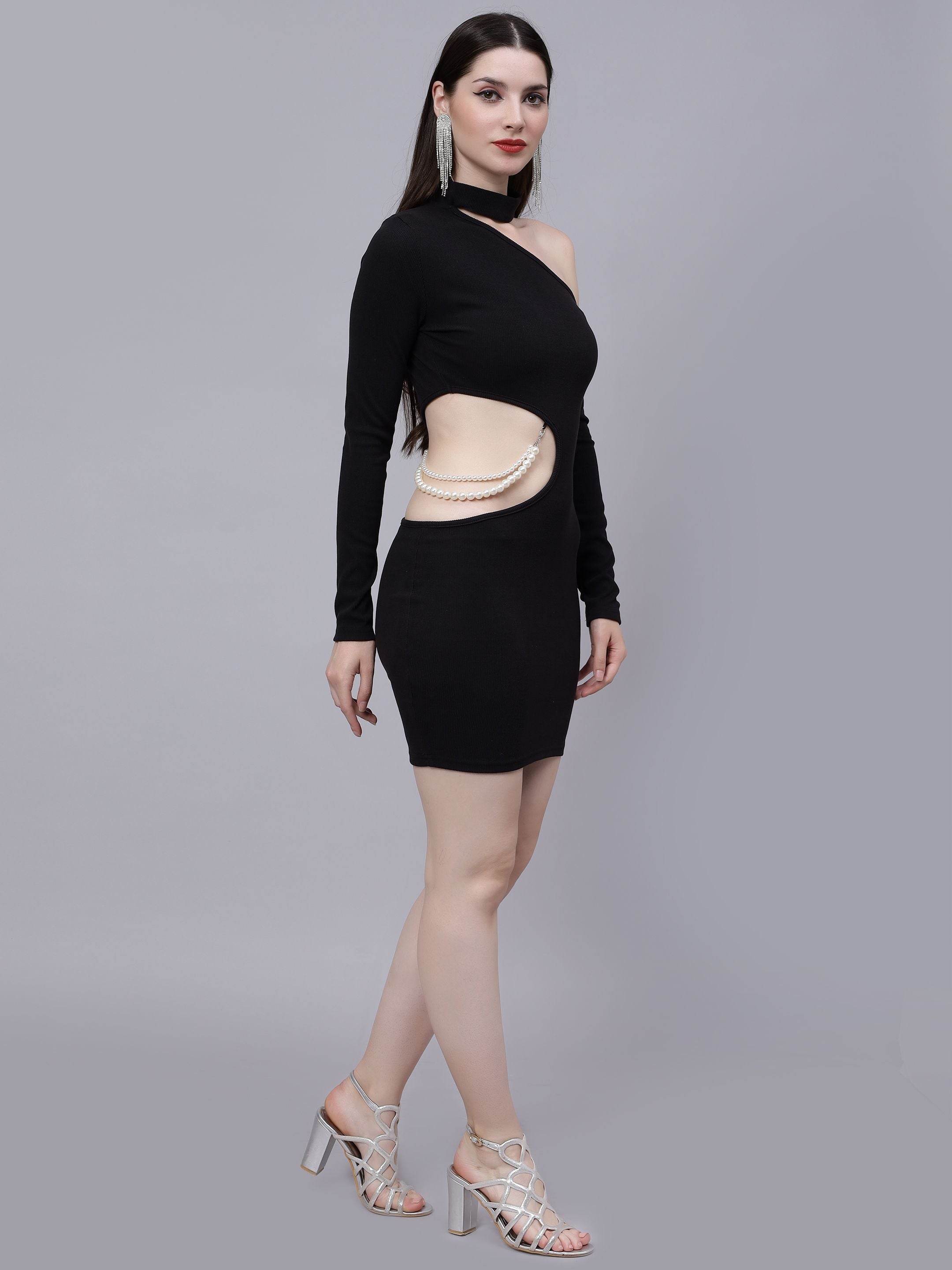 Pearl Detail Asymmetric Neck Cutout Dress