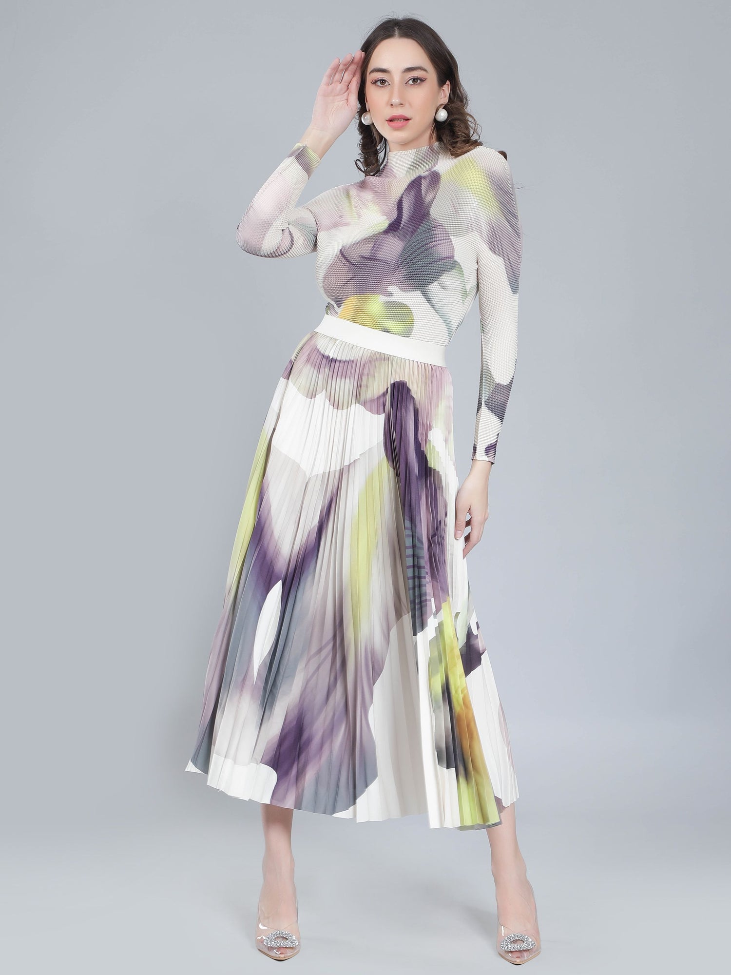 Chromatic Printed Pleated Two Piece Set