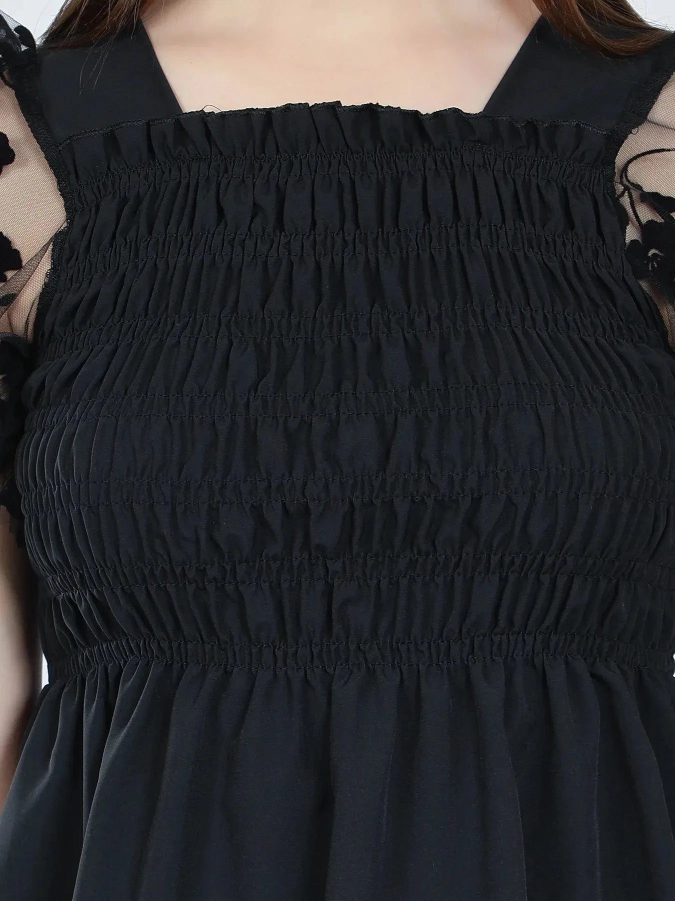 Flock Print Tulle Sleeves Smocking Top