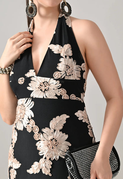Midnight Bloom Halter Maxi Dress