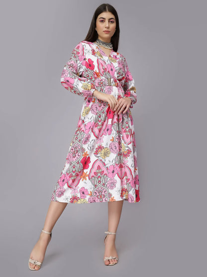 Abstract Floral Pattern Midi Dress