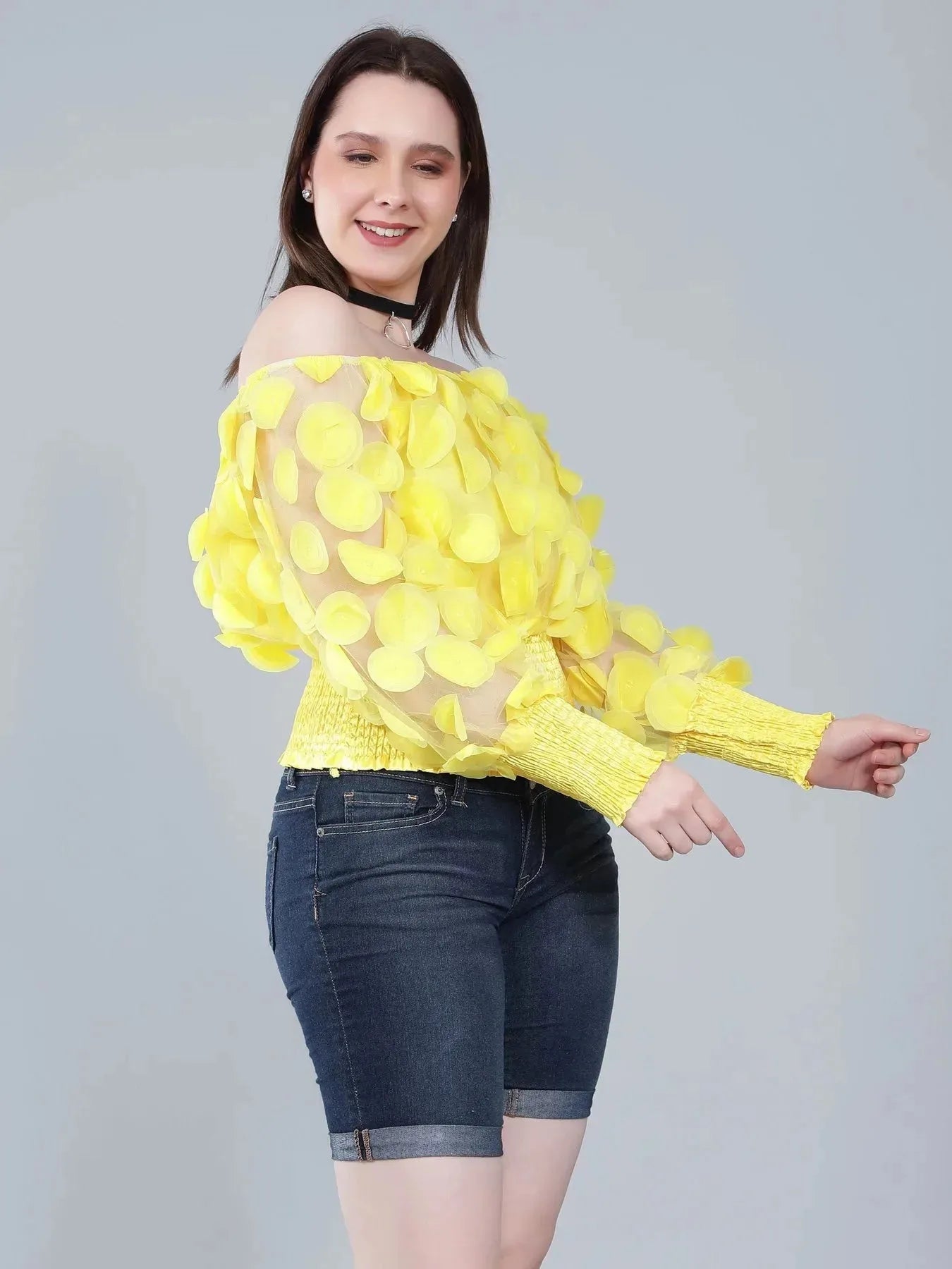 Lantern Sleeve Mesh Ruched Blouse