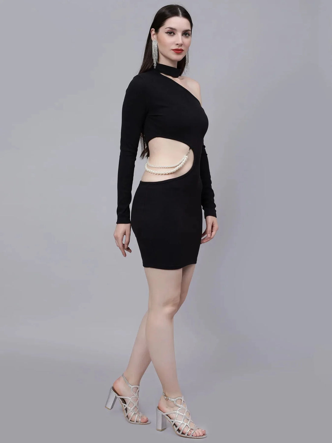 Pearl Detail Asymmetric Neck Cutout Dress