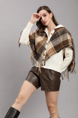 Plaid Cape Knitted Cardigan