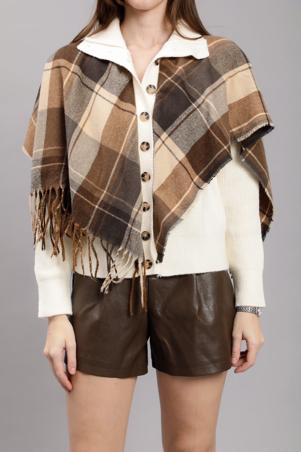 Plaid Cape Knitted Cardigan