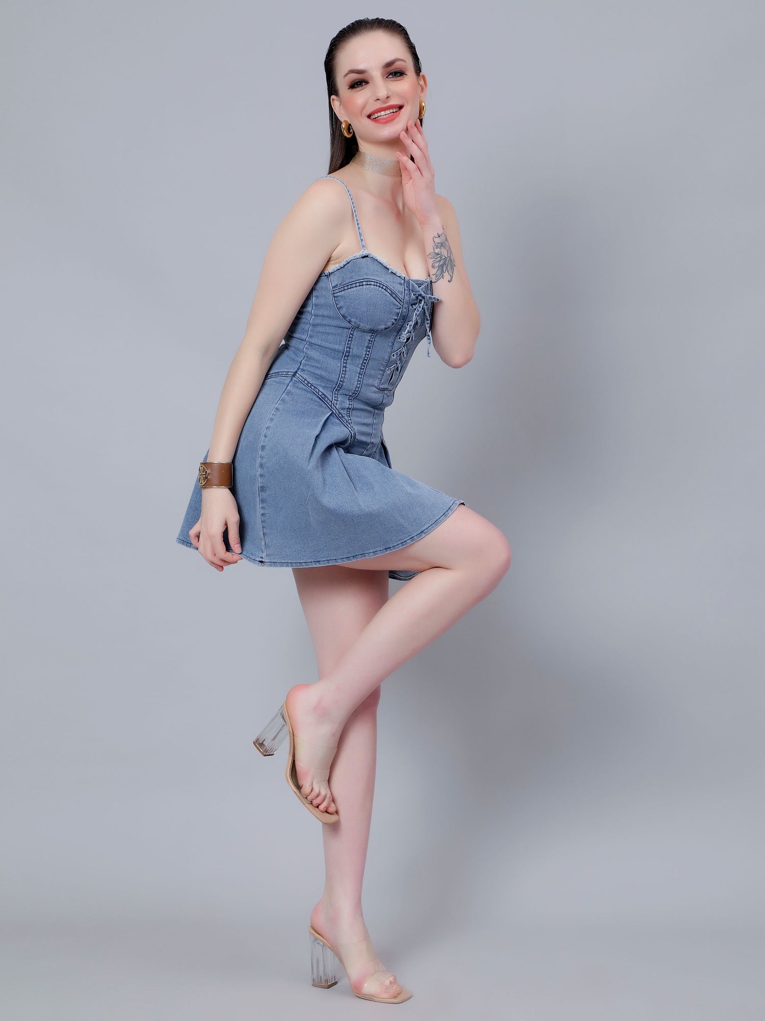 Lace Up Pleated Denim Dress
