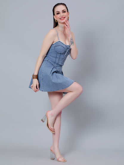 Lace Up Pleated Denim Dress