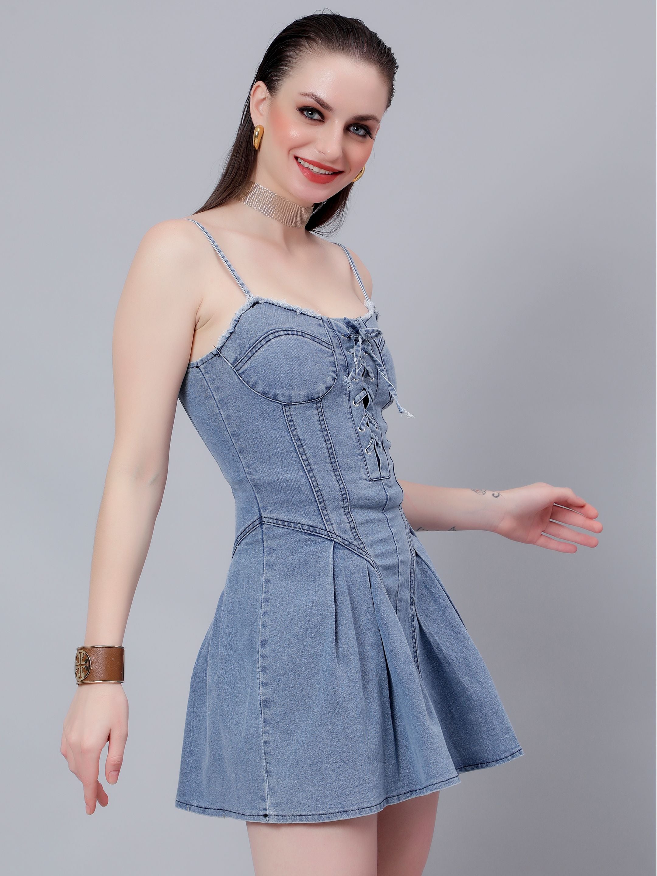 Lace Up Pleated Denim Dress