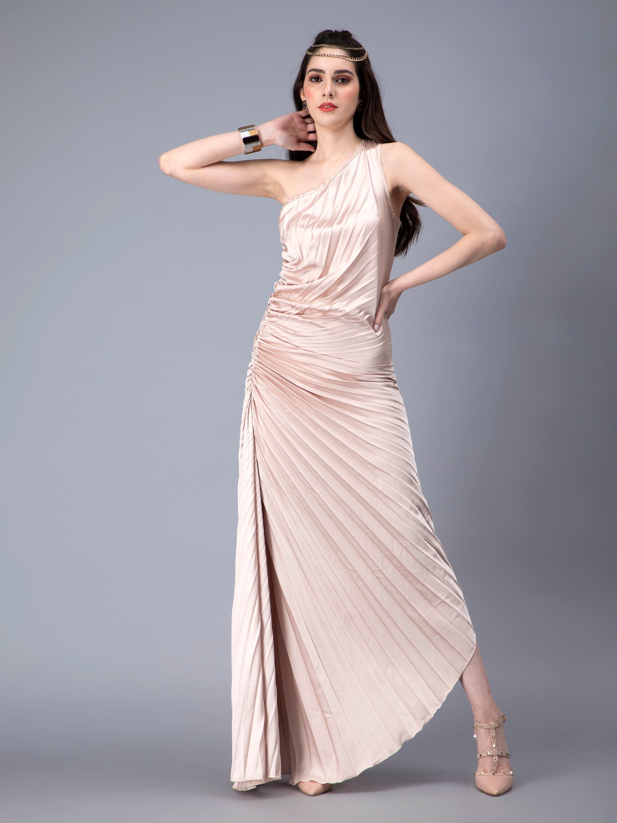 Fan Pleats One-Shoulder Dress