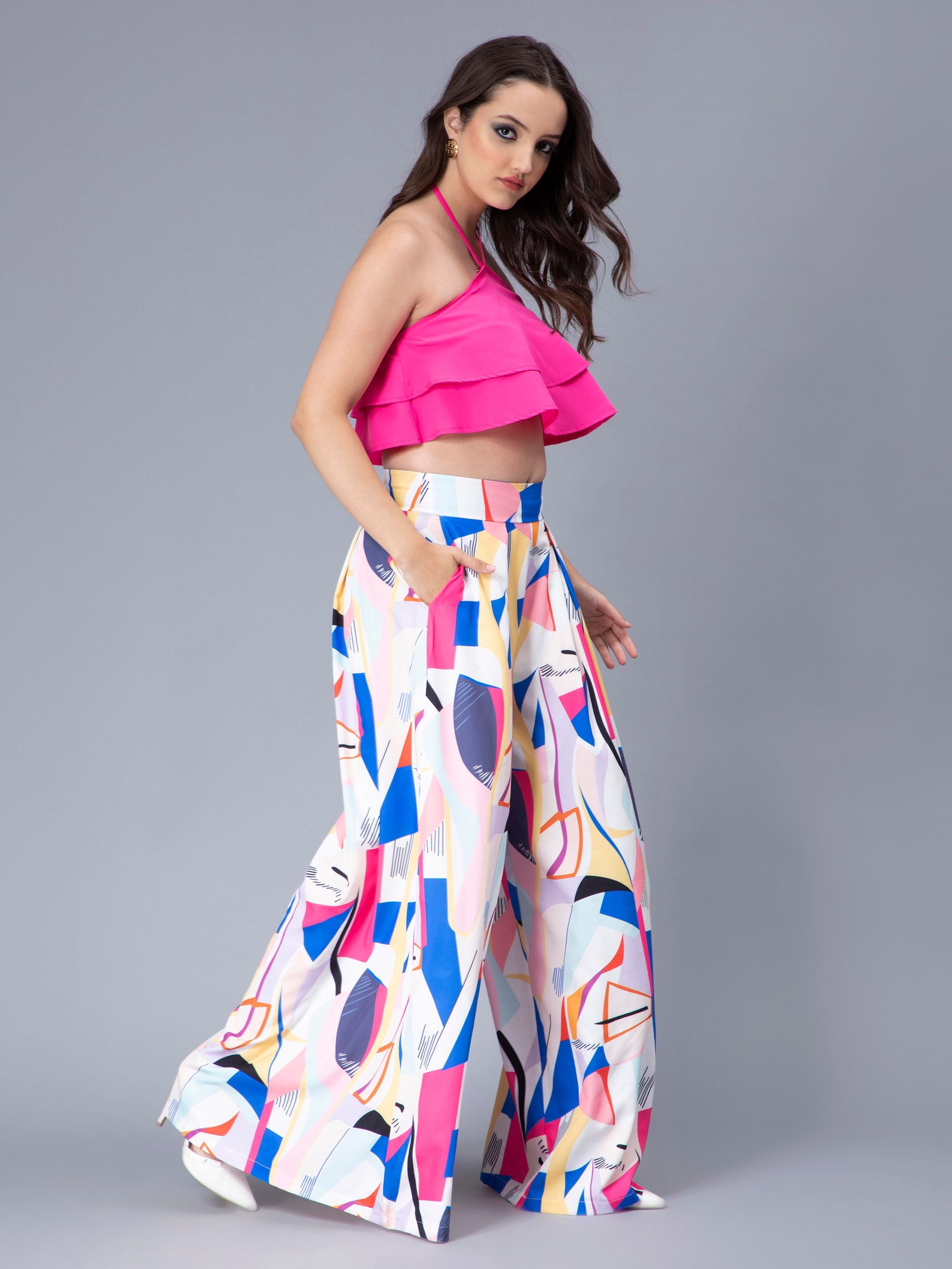Ruffle Cami And Abstract Print Pants Set