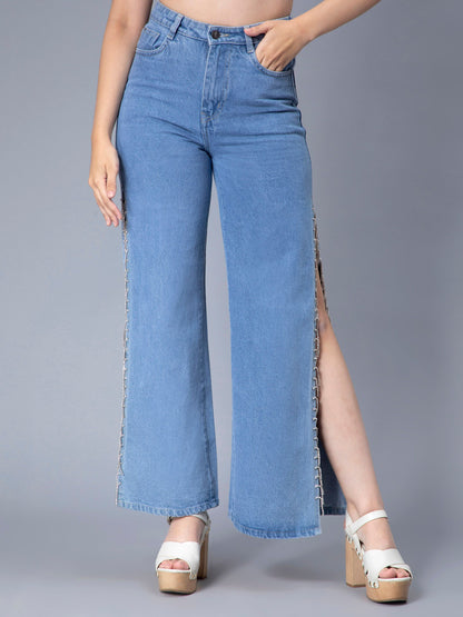 Rhinestones Fringe Side Slit Denim Jeans